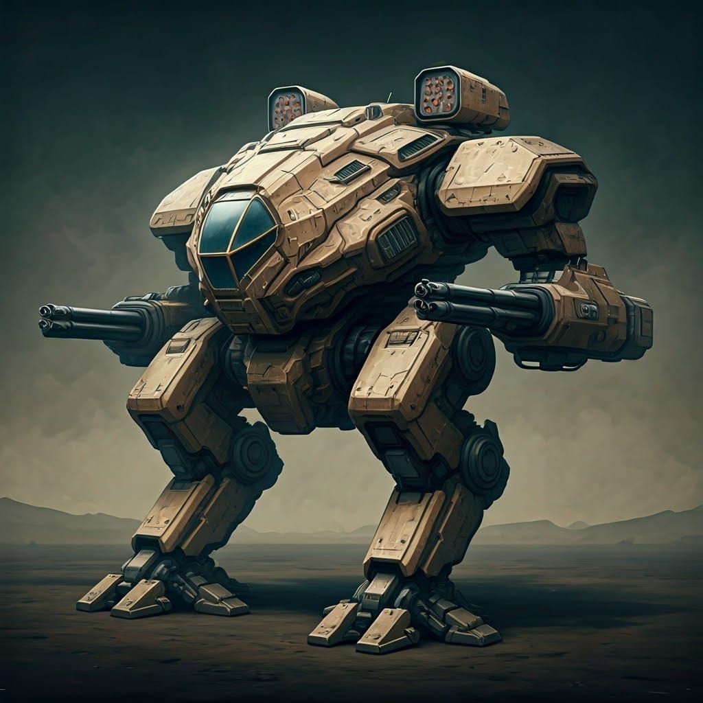 Imposing Mech with Cannons in Dystopian Style