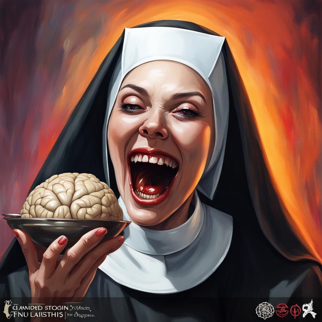 Demon Nun Laughing While Eating a Brain