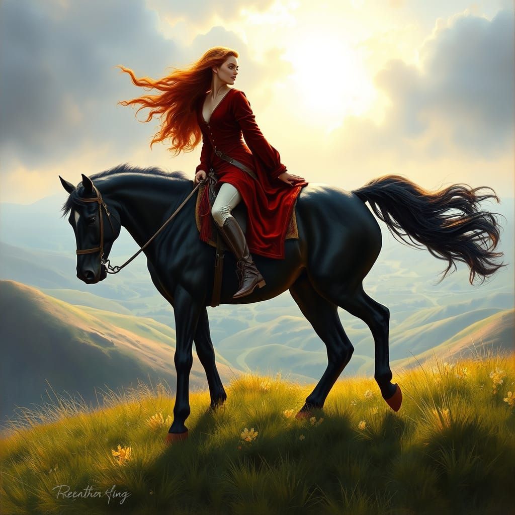 Epic Fantasy Oil Painting of Woman on Black Stallion at Dawn