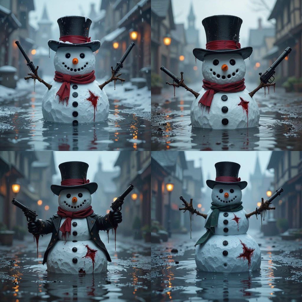 Melting Gangster Snowman in Medieval Puddle