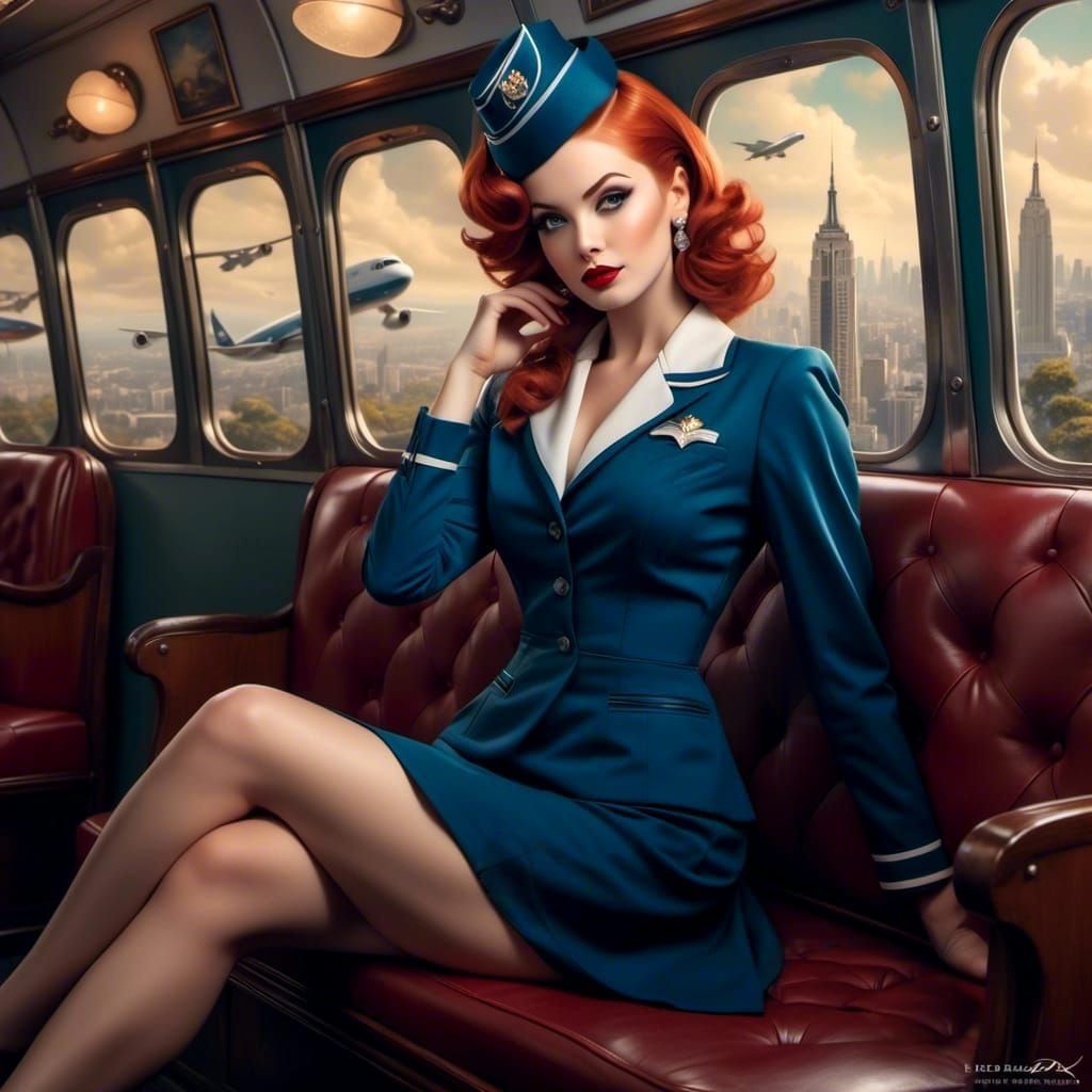 Redhead Flight Attendant in Pin-Up Style