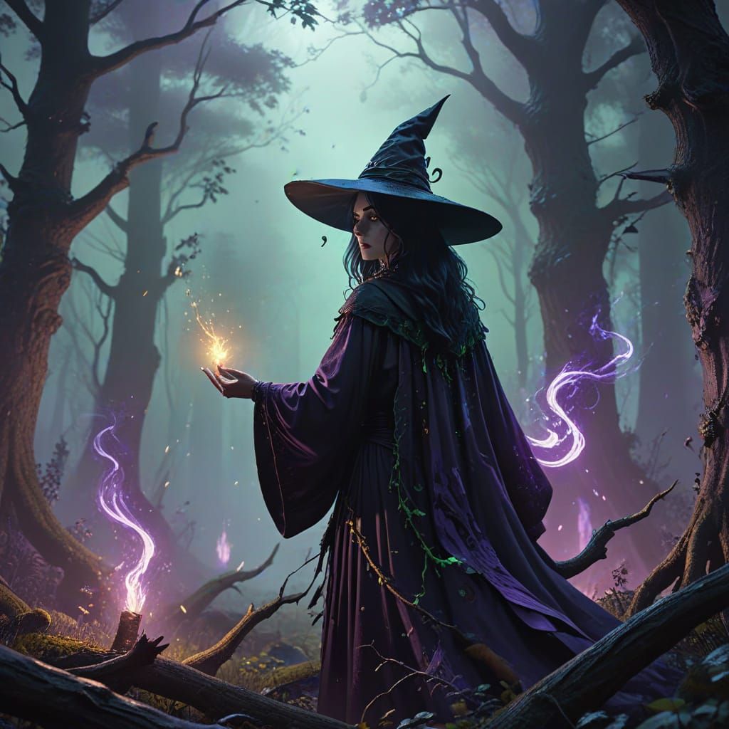 Witch Casting Spell in Spooky Forest - Fantasy Art