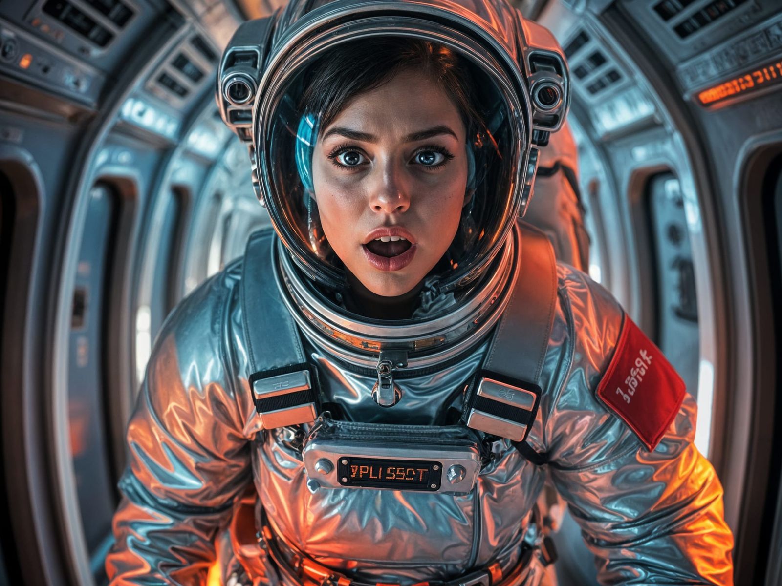 078 A beautiful female astronaut wearing a silver spacesuit.