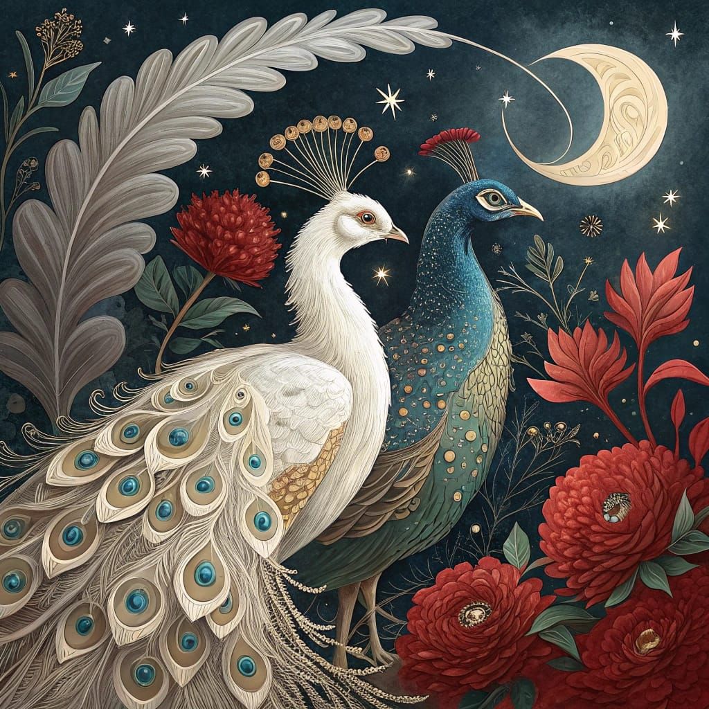 Luxurious Peacock Dance in Cosmic Night
