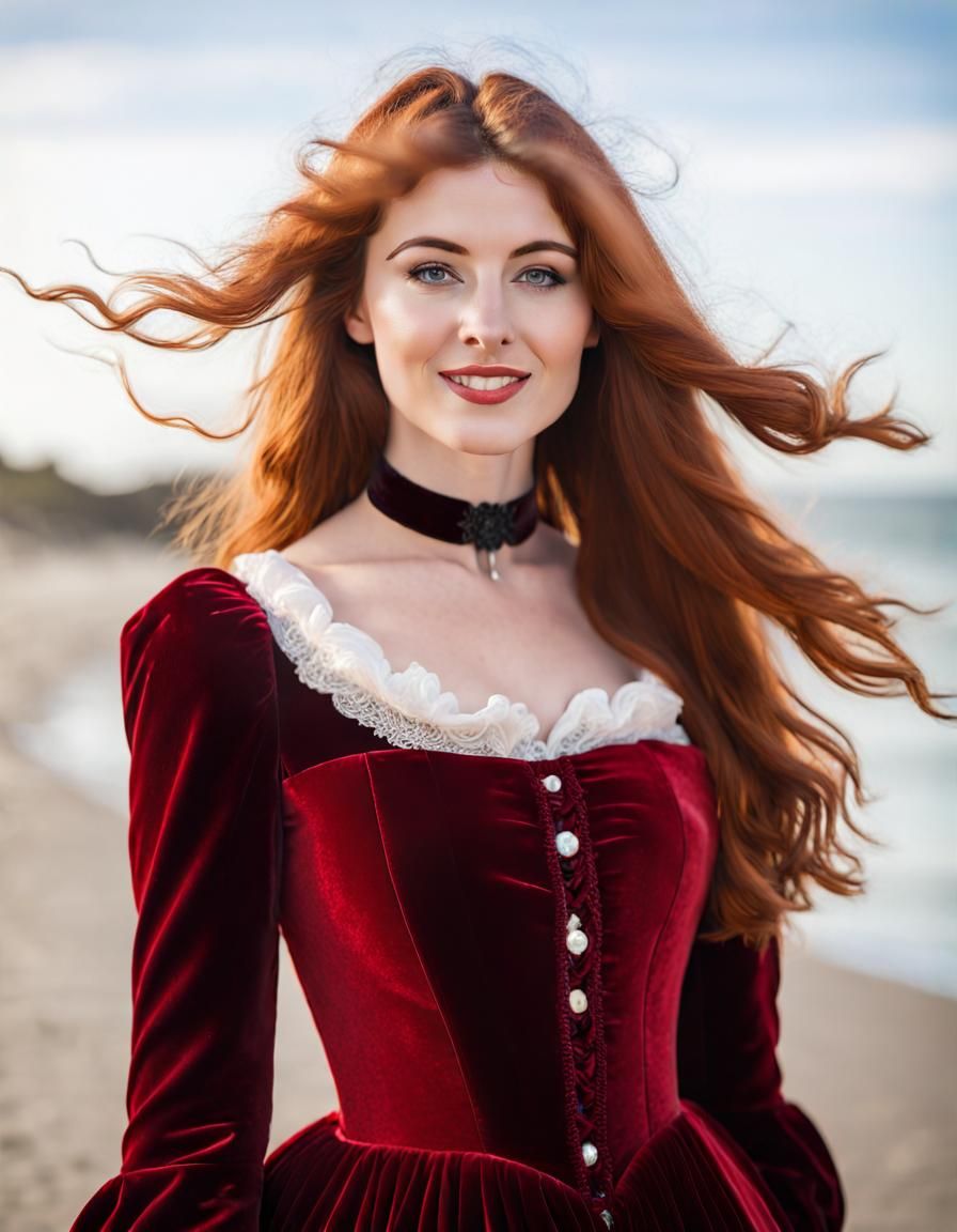 Victorian Woman with Auburn Hair on Beach