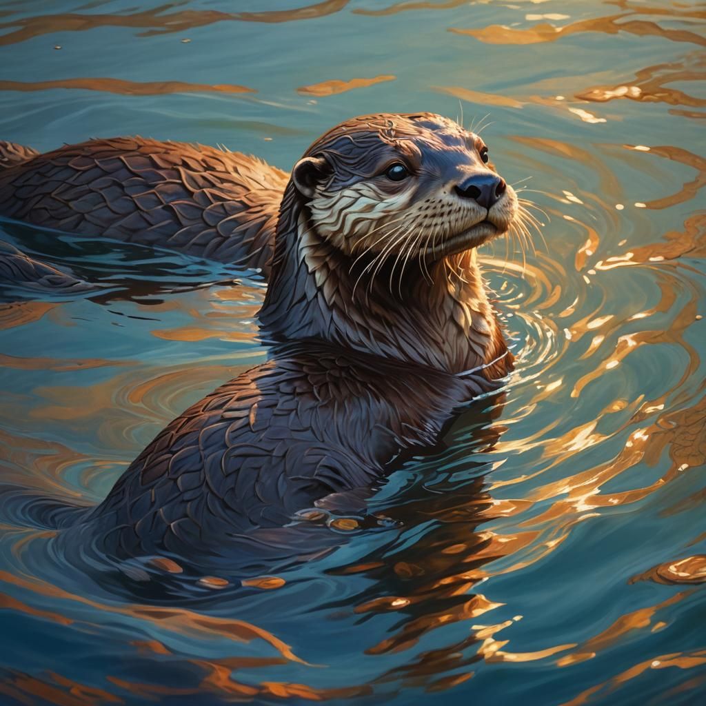 Otter Swimming: Vibrant Oil Painting in Ocean Mist