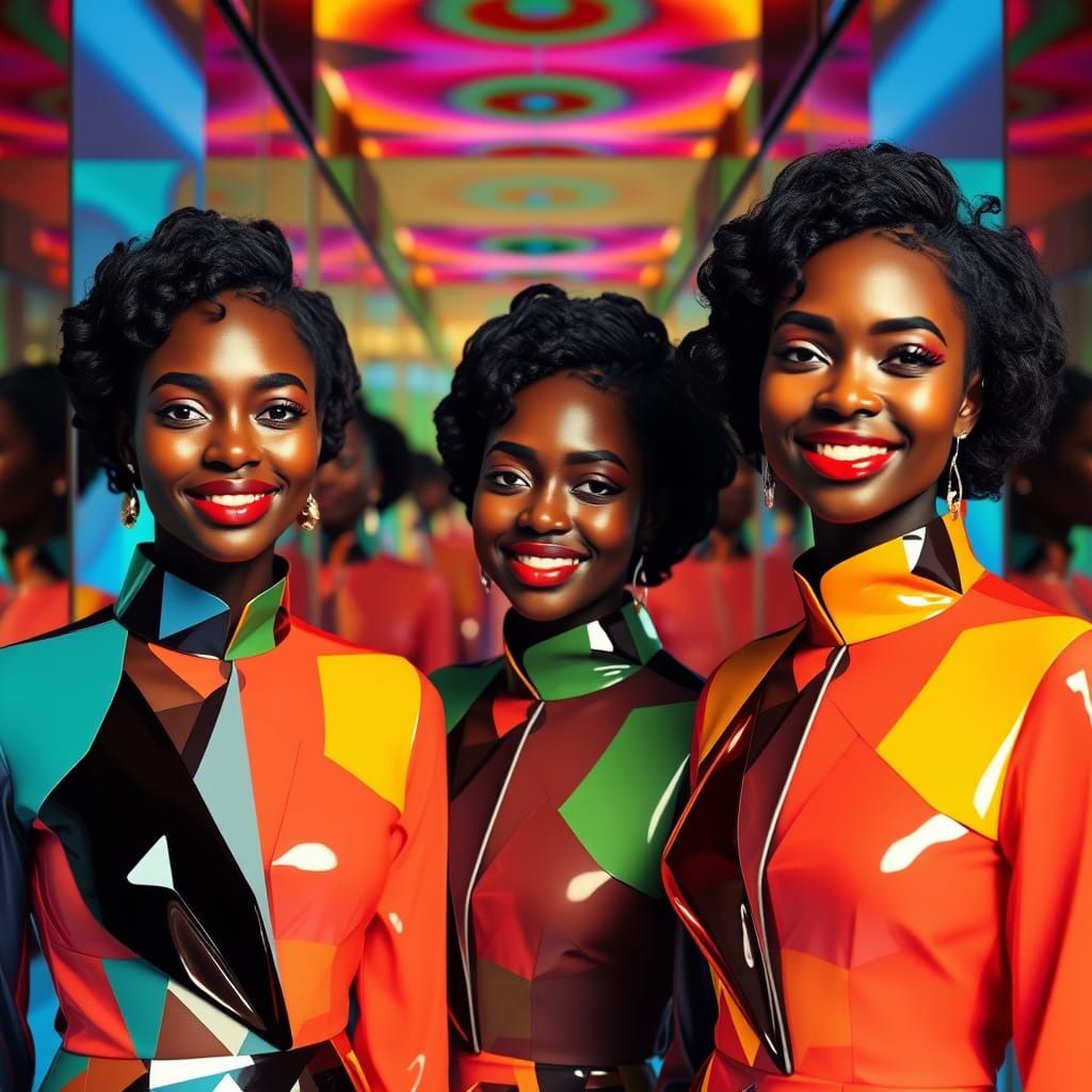 Smiling Women in Abstract Geometric Kaleidoscope Art