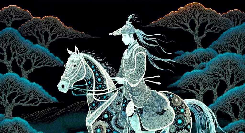 Bioluminescent Samurai on Horseback in Abstract Style