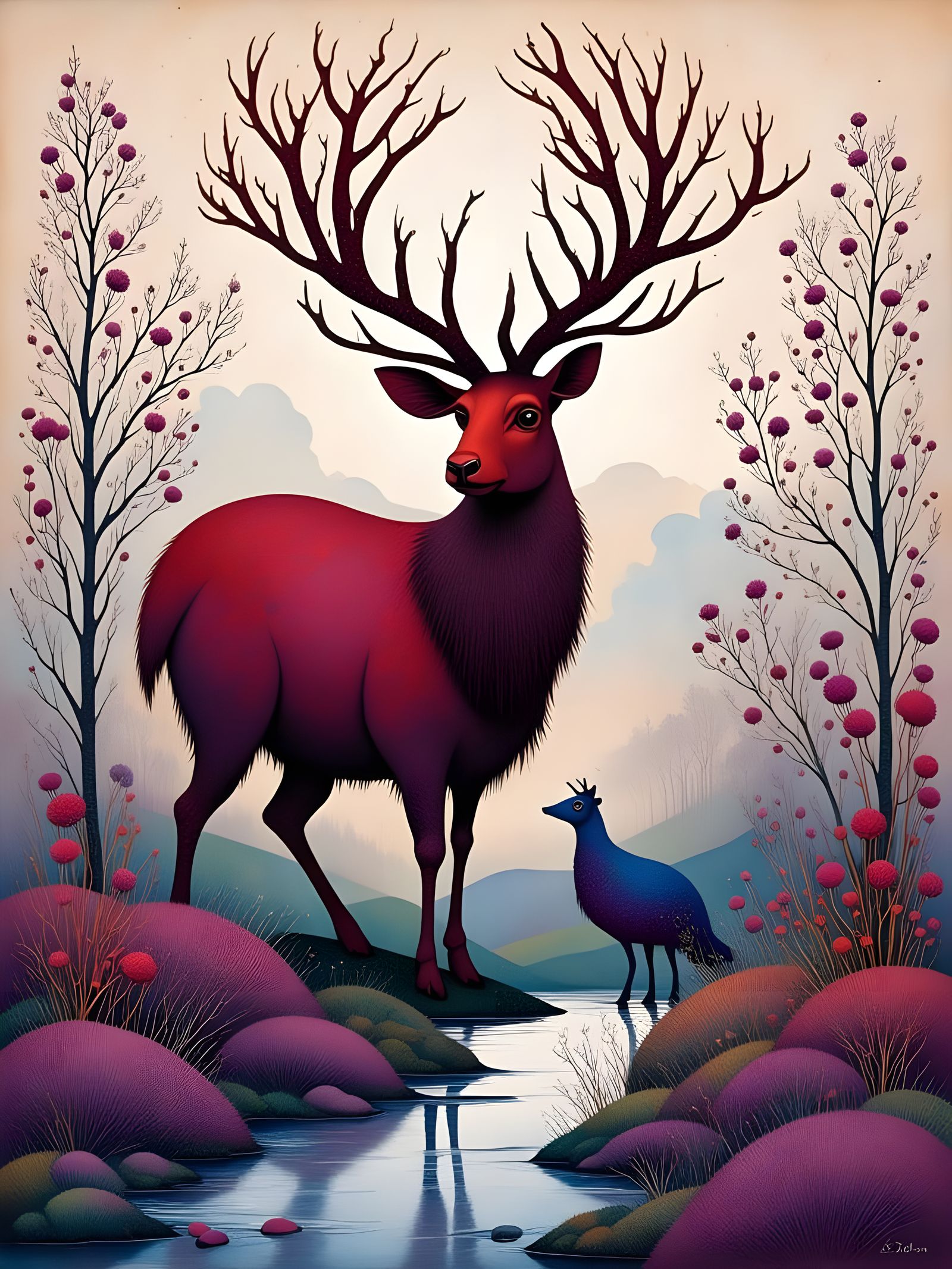 Surreal Highland Scene with Royal Colors and Mythical Deer