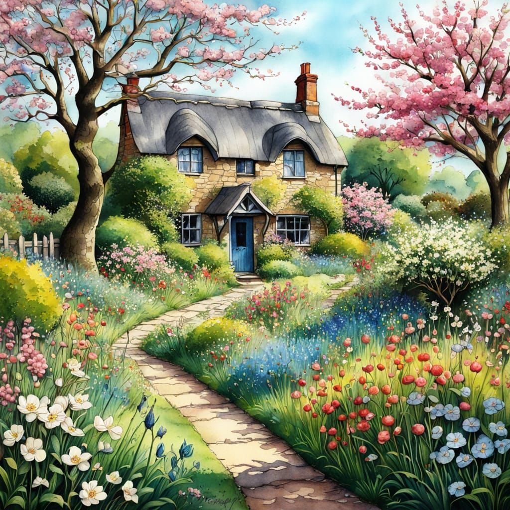 Vibrant English Cottage Garden in Colourful Ink Drawing