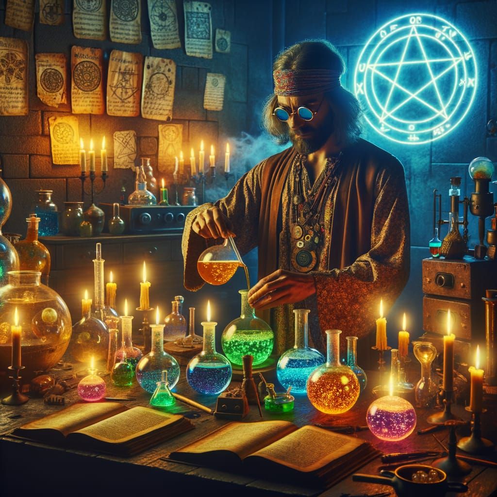 Cyberpunk Alchemist's Laboratory in Flickering Neon Light