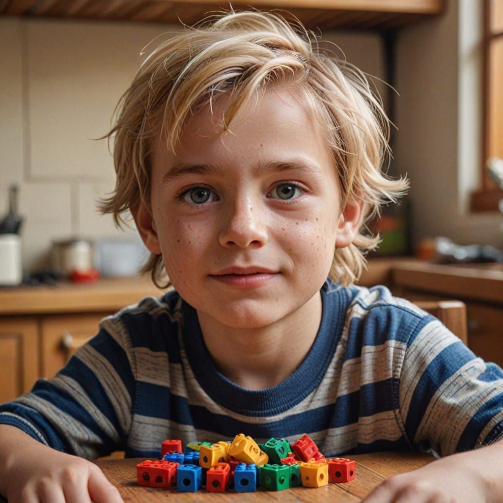Happy Boy Building LEGO Tower in Cozy Kitchen