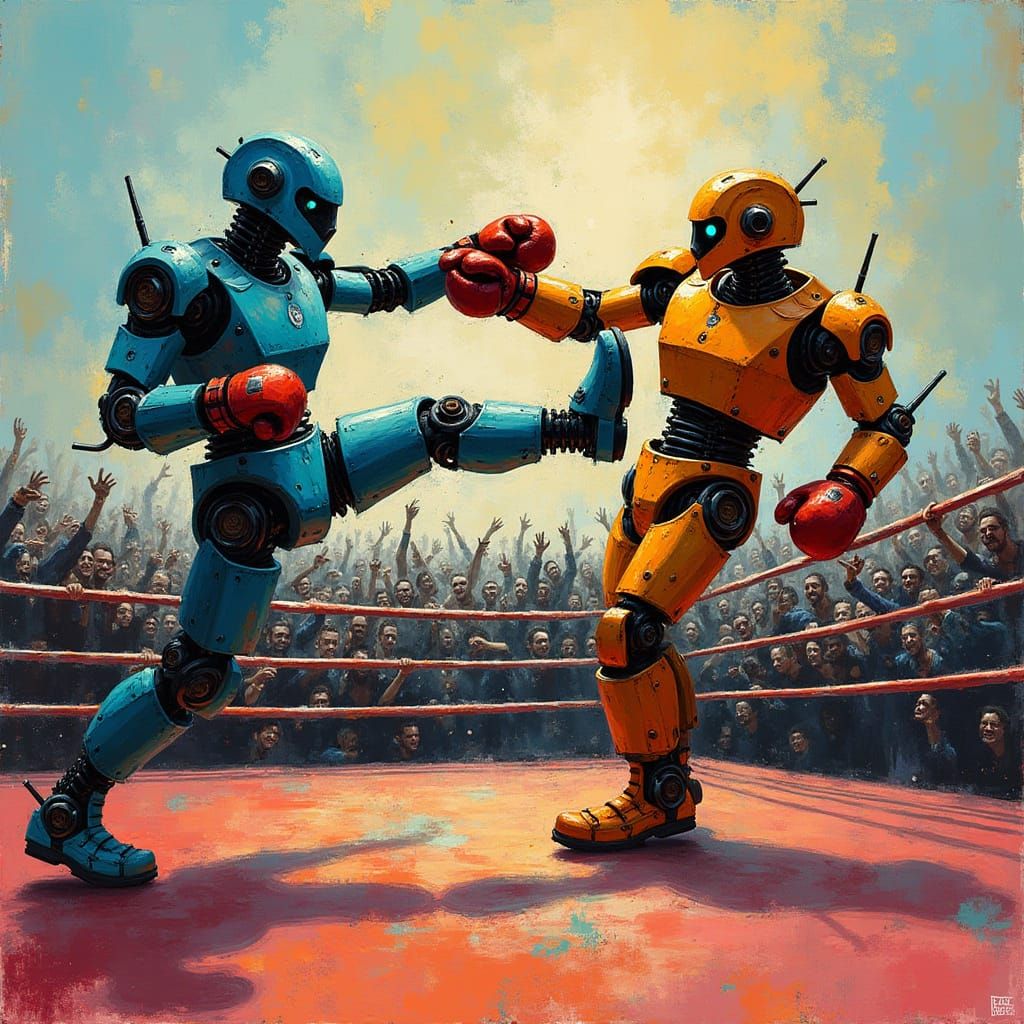 Robots Boxing in Crowded Arena: Graffiti Street Art