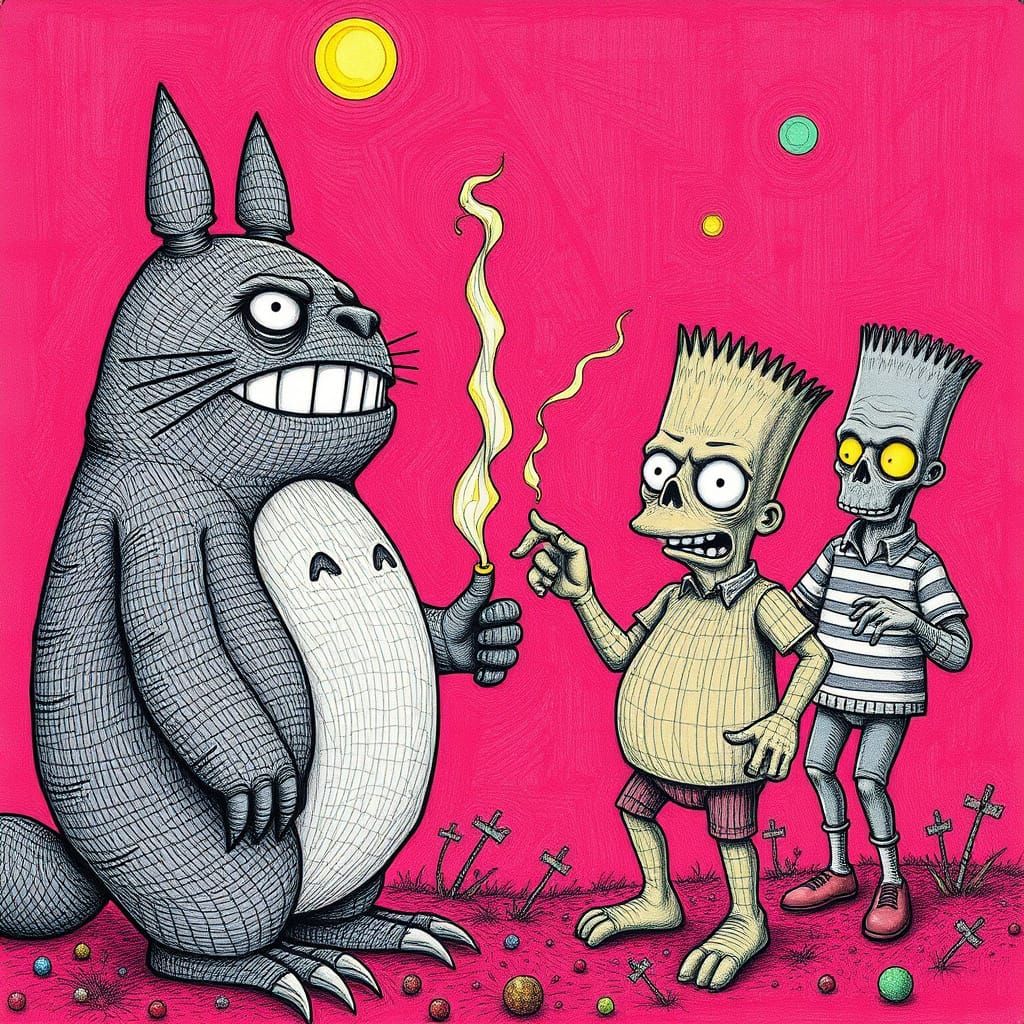 Surreal Pointillist Drawing: Totoro, Zuckerberg, Simpsons