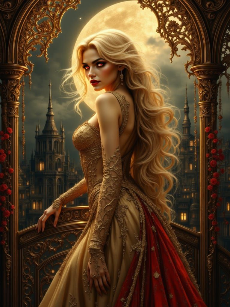 Elegant Vampire Woman in Gold Gown on Moonlit Balcony