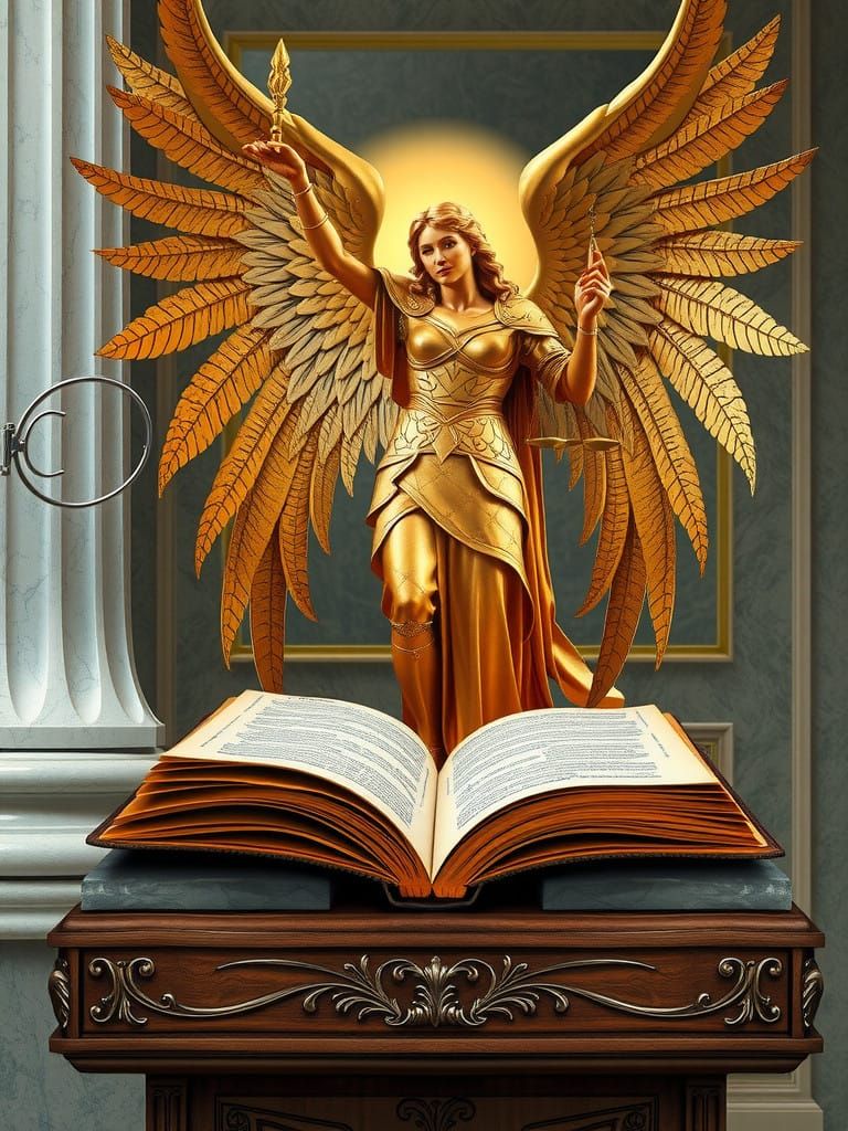 Angel of Justice in Ornate, Gilded Armor