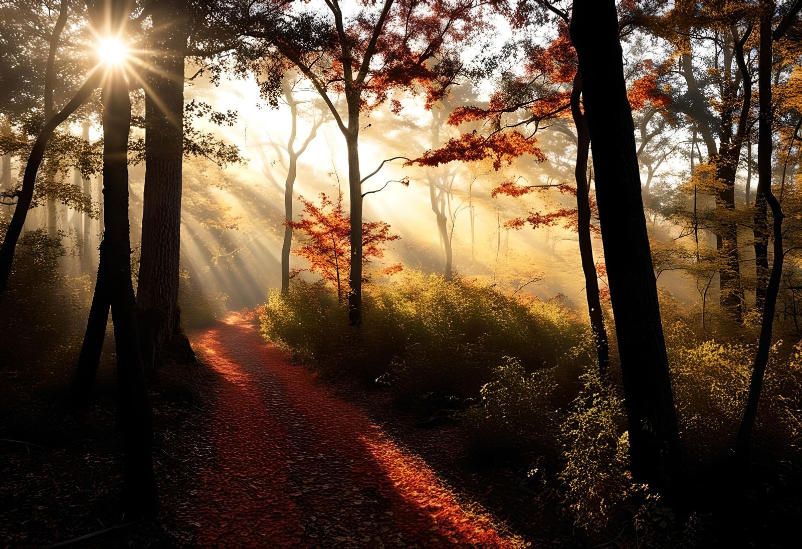 Autumn Forest Trail in Golden Light, Digital Painting