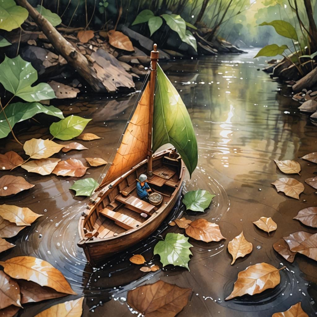 Watercolor Fairy in Walnut Shell Boat on Stream