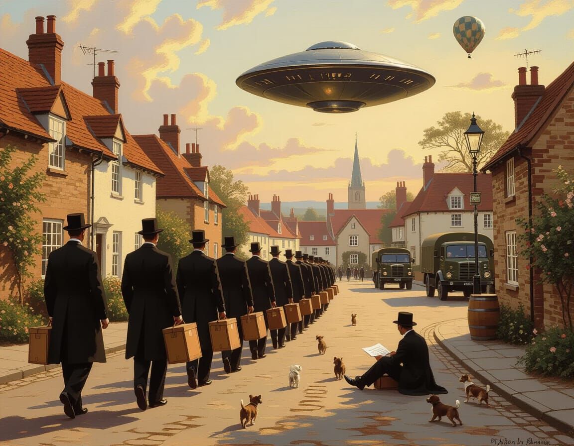 Victorian Gentlemen and Flying Saucer: Oil Painting