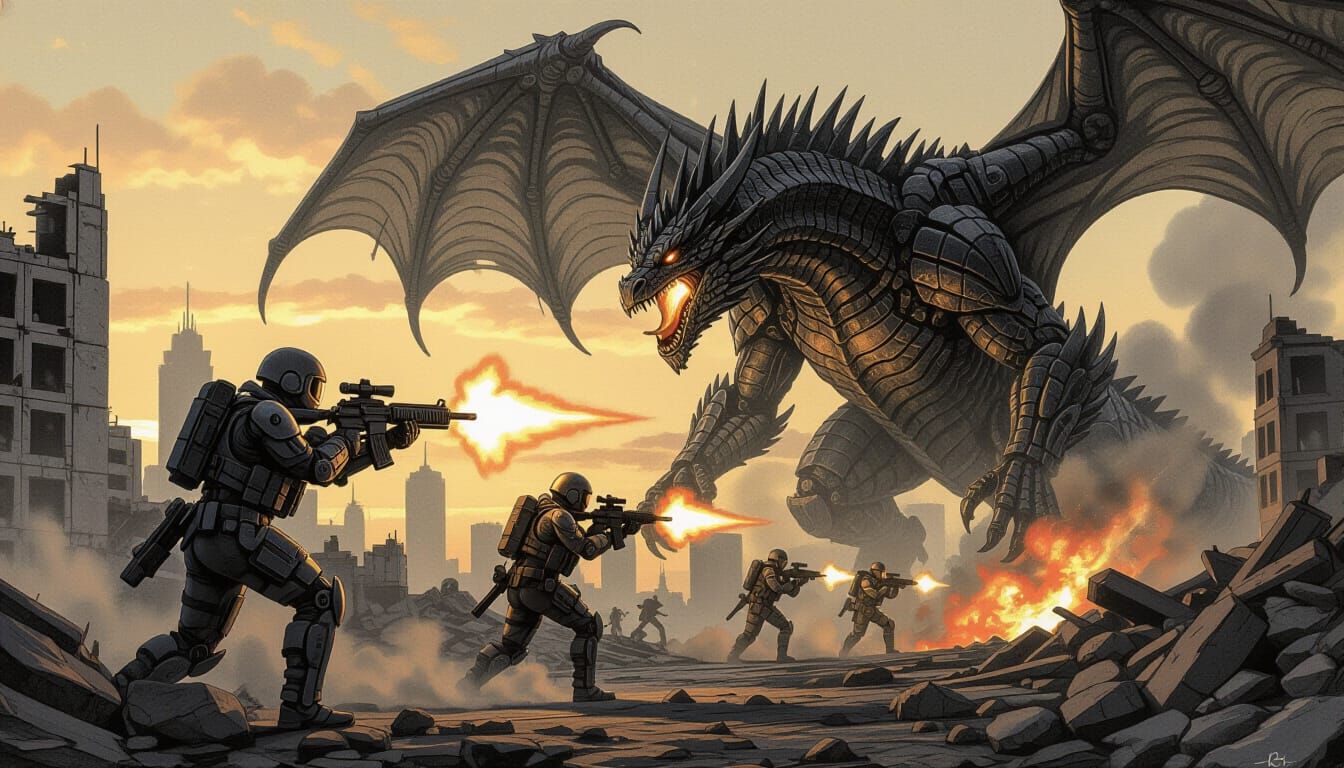 Soldiers Battle Dragon in Ruined City Charcoal Drawing