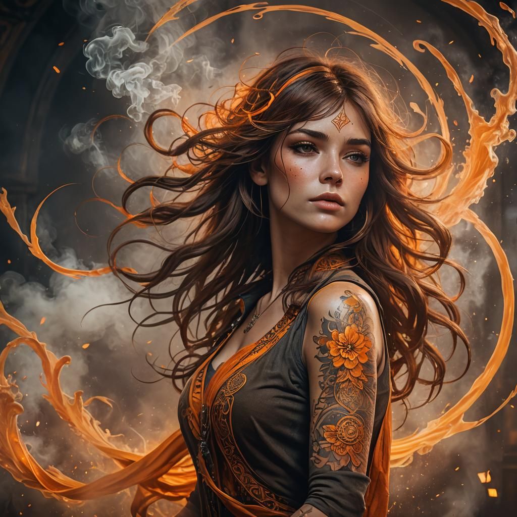 Woman with Orange Tattoo in Art Nouveau Style