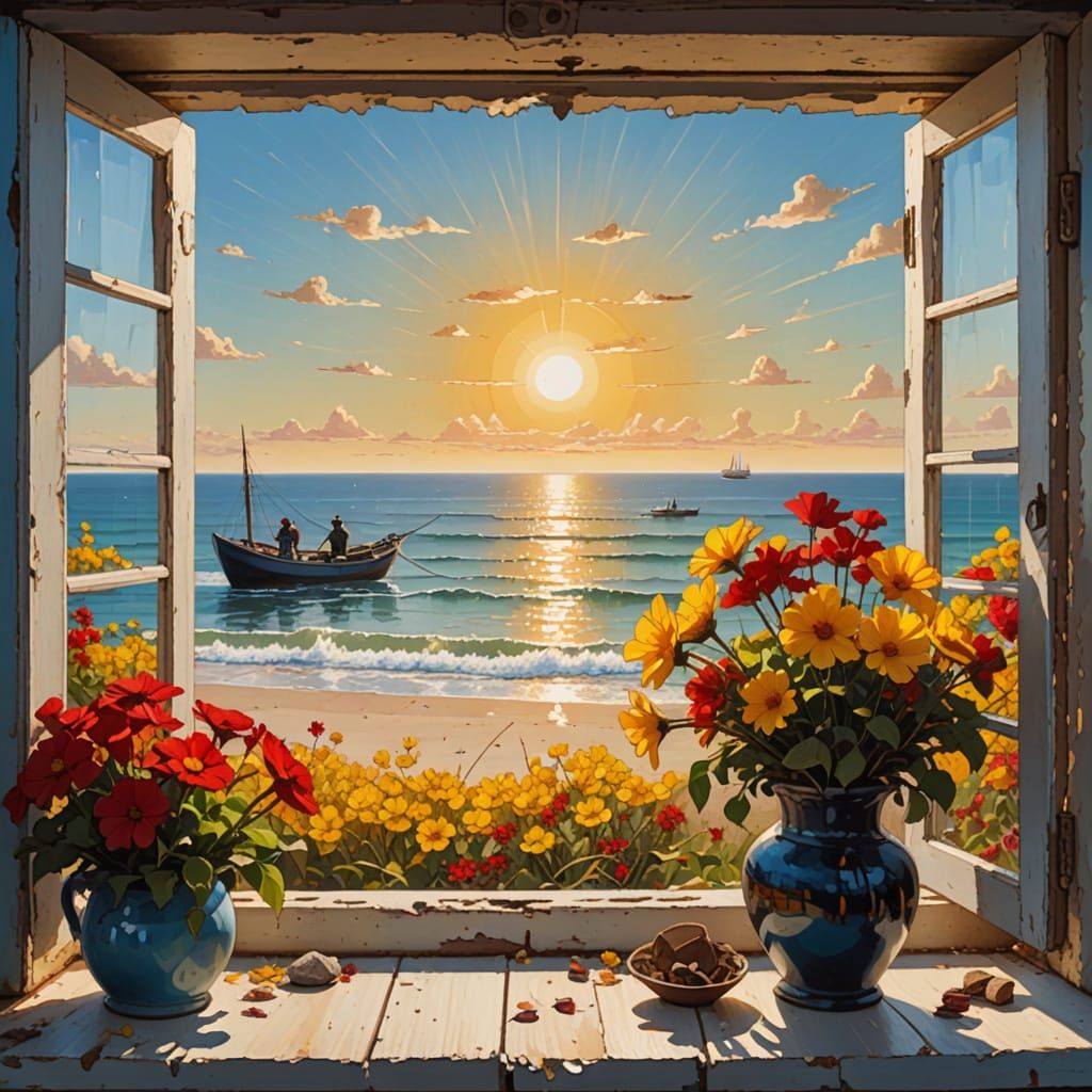 Sunny Ocean Beach Scene with Fishermen