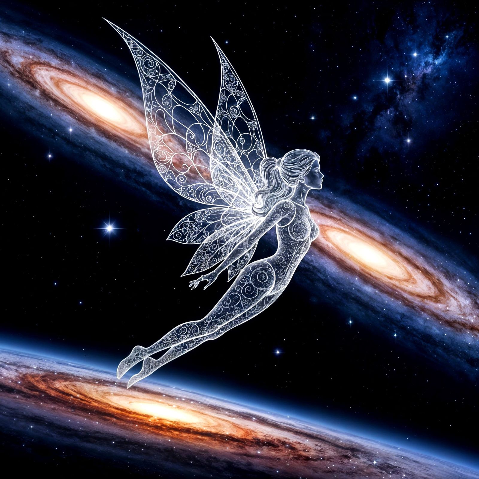 Fairy Flying Through Galaxies in Celestial Aurora Jubilee