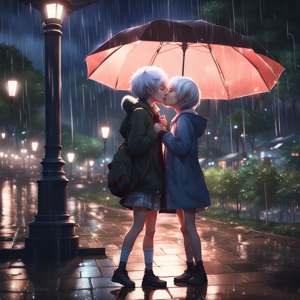 Anime Style: Two Girls Kissing in Rainy Park