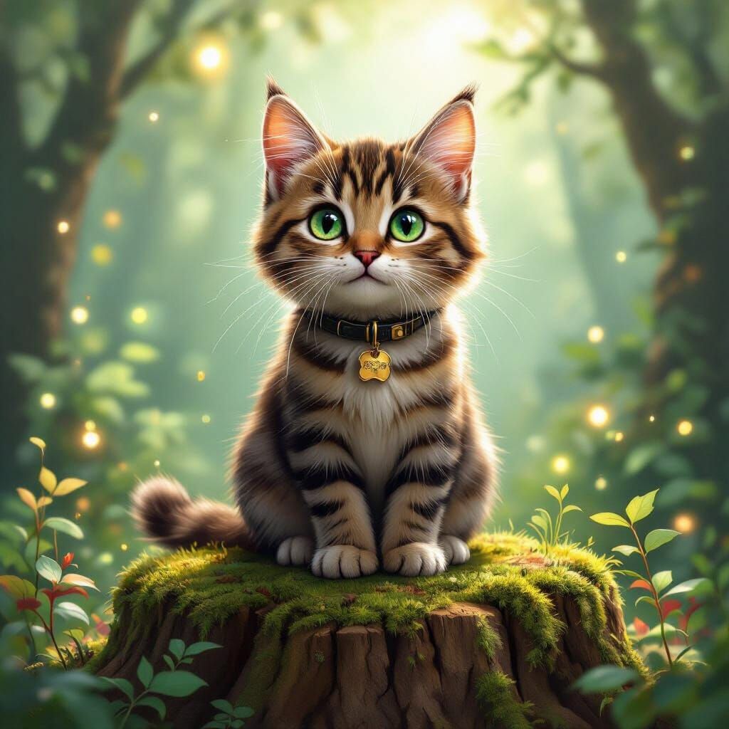 Adorable Tabby Cat in Mystical Forest Illustration