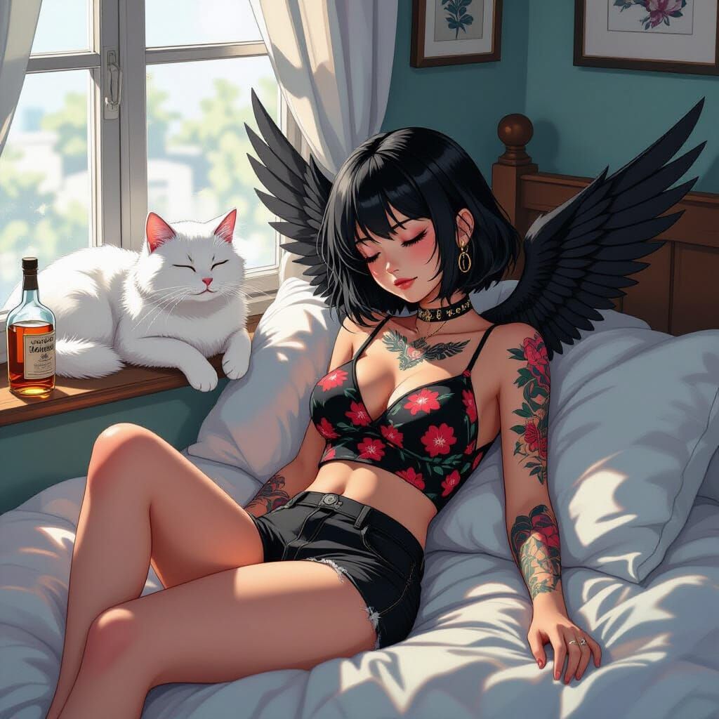 Anime Style Woman with Cat and Tattoos