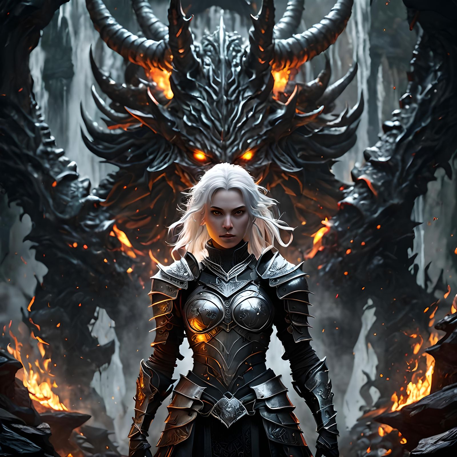 Elegant Warrior Woman Confronts Demons in Underworld