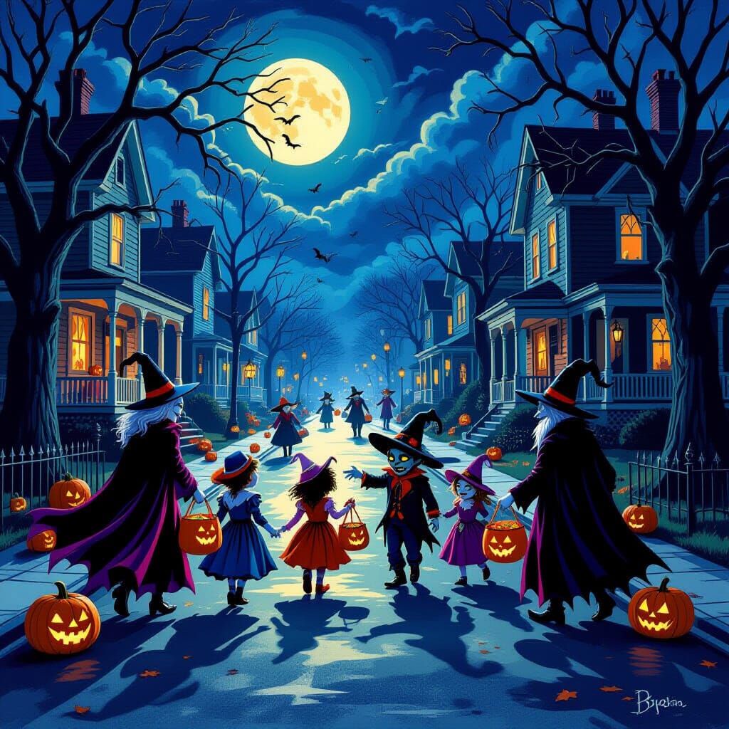 Monsters Trick-or-Treating on Elm Street at Midnight