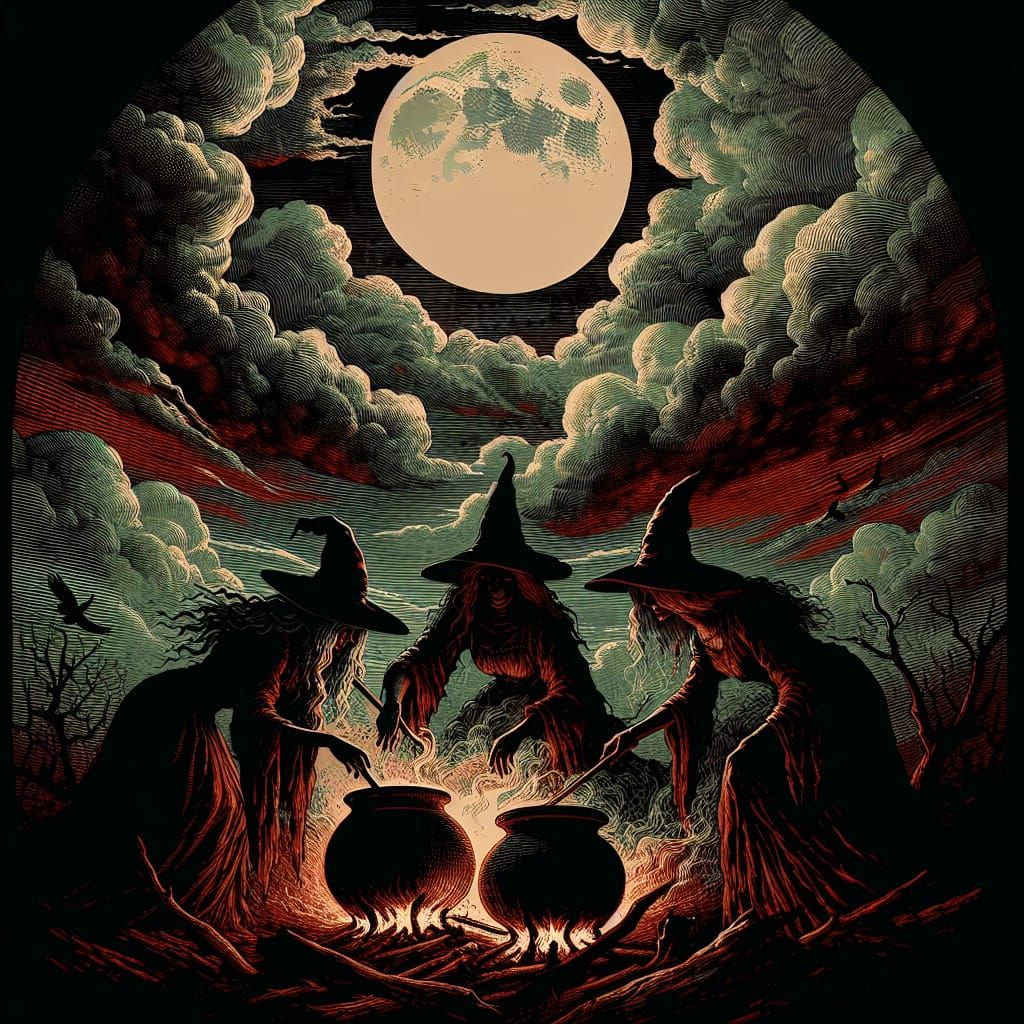 Witches Brew Storm Under Red Moon, Digital Oil Painting