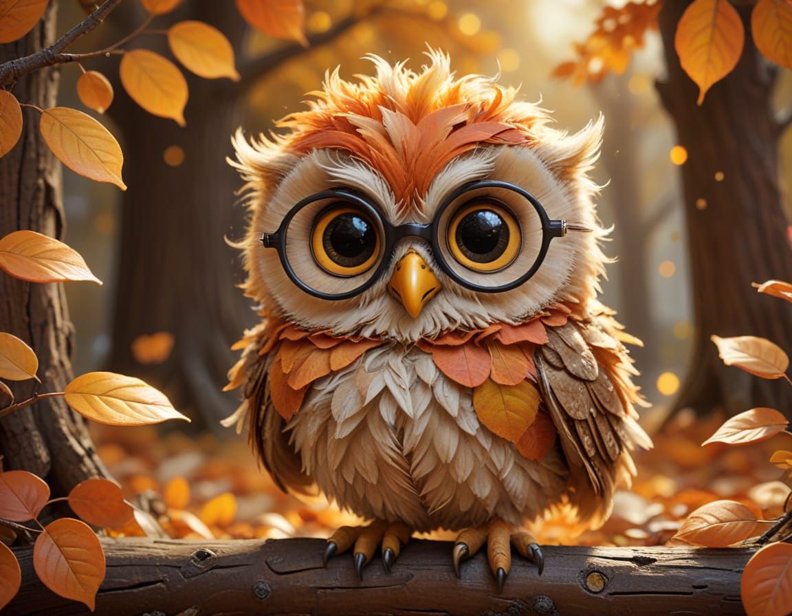 Mischievous Baby Owl in Autumn Whimsy