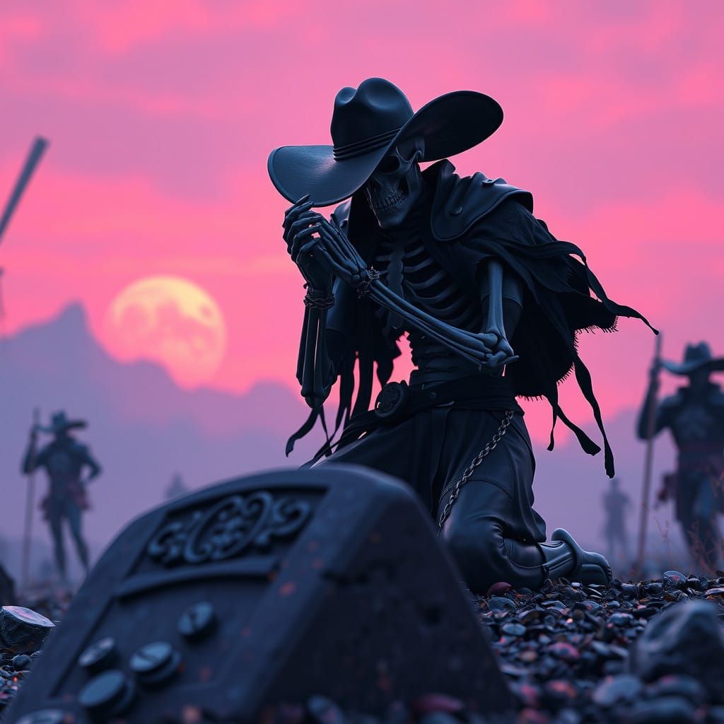 Mysterious Fantastical Cowboy Prays Over a Grave in Deep, Ri...