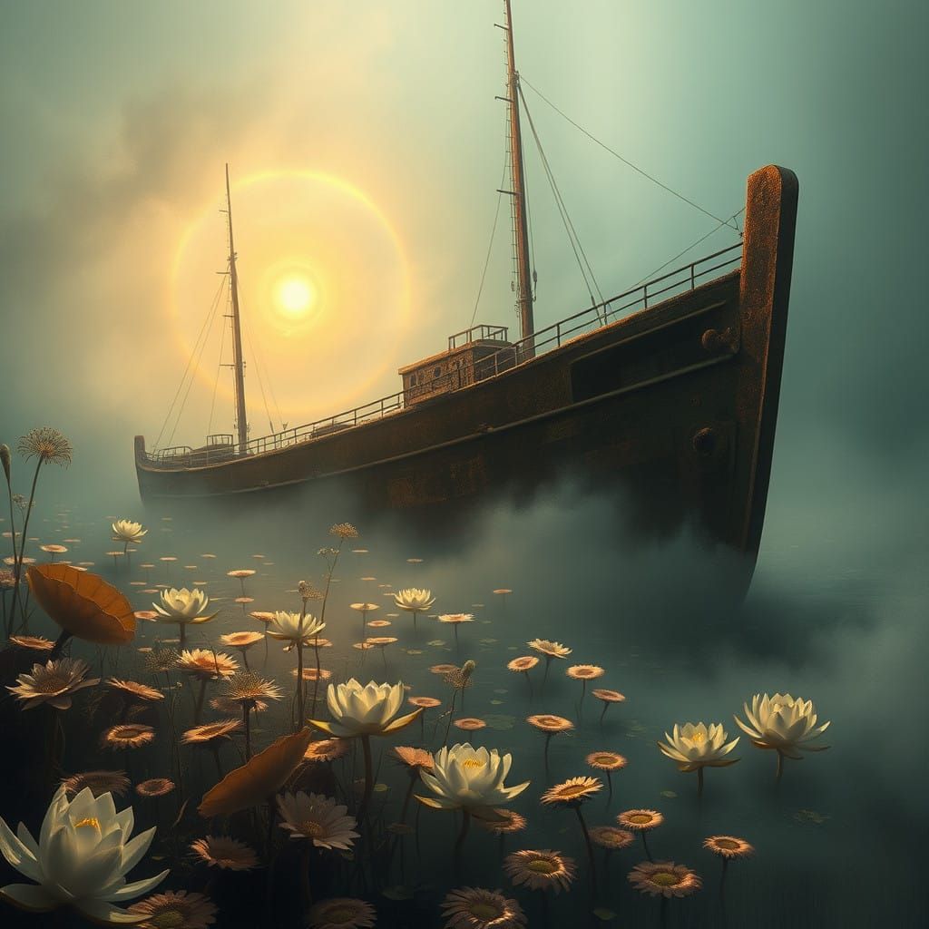 Majestic Ancient Rust Ship in Serene Misty Waters