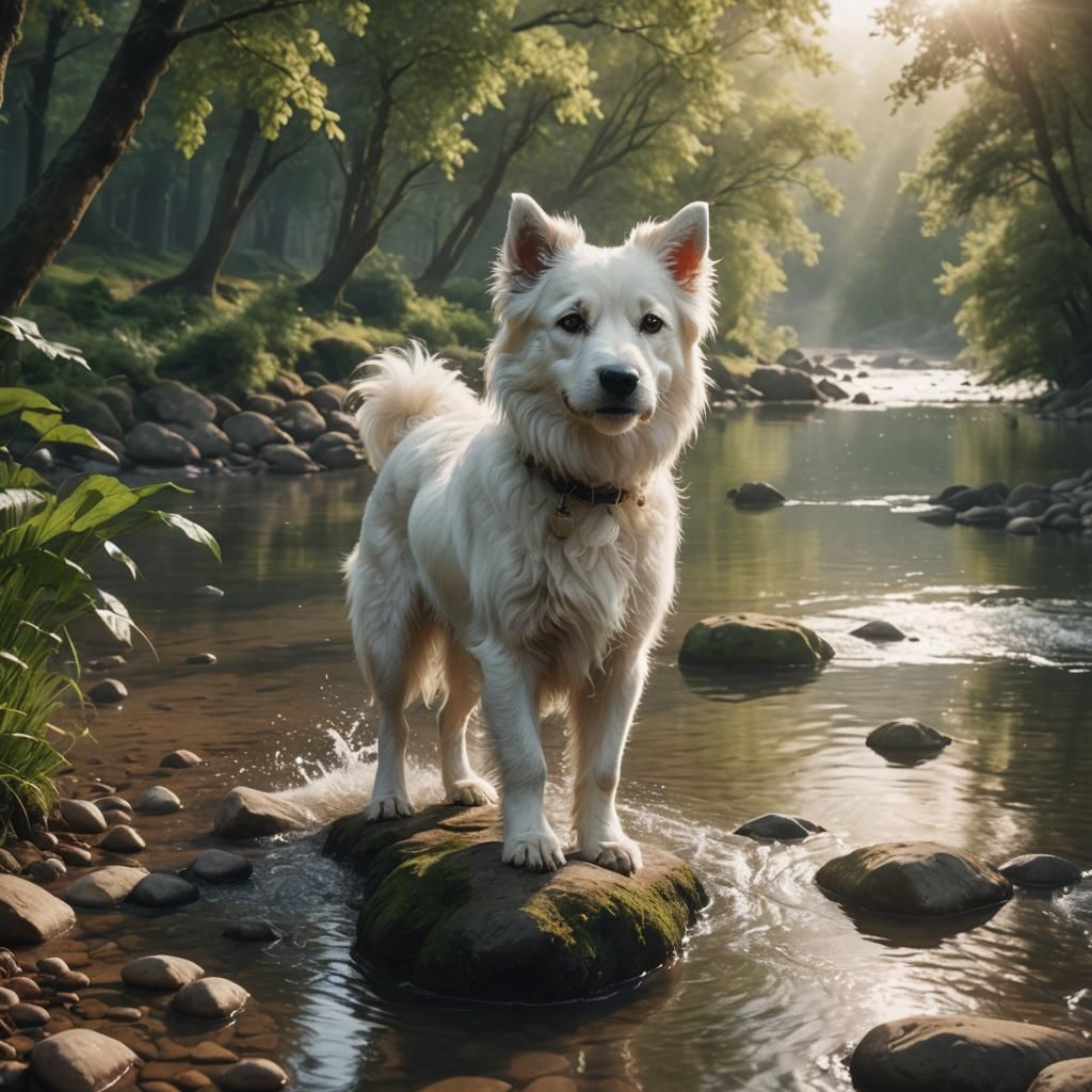 White Dog on Riverbank in Cinematic Lighting