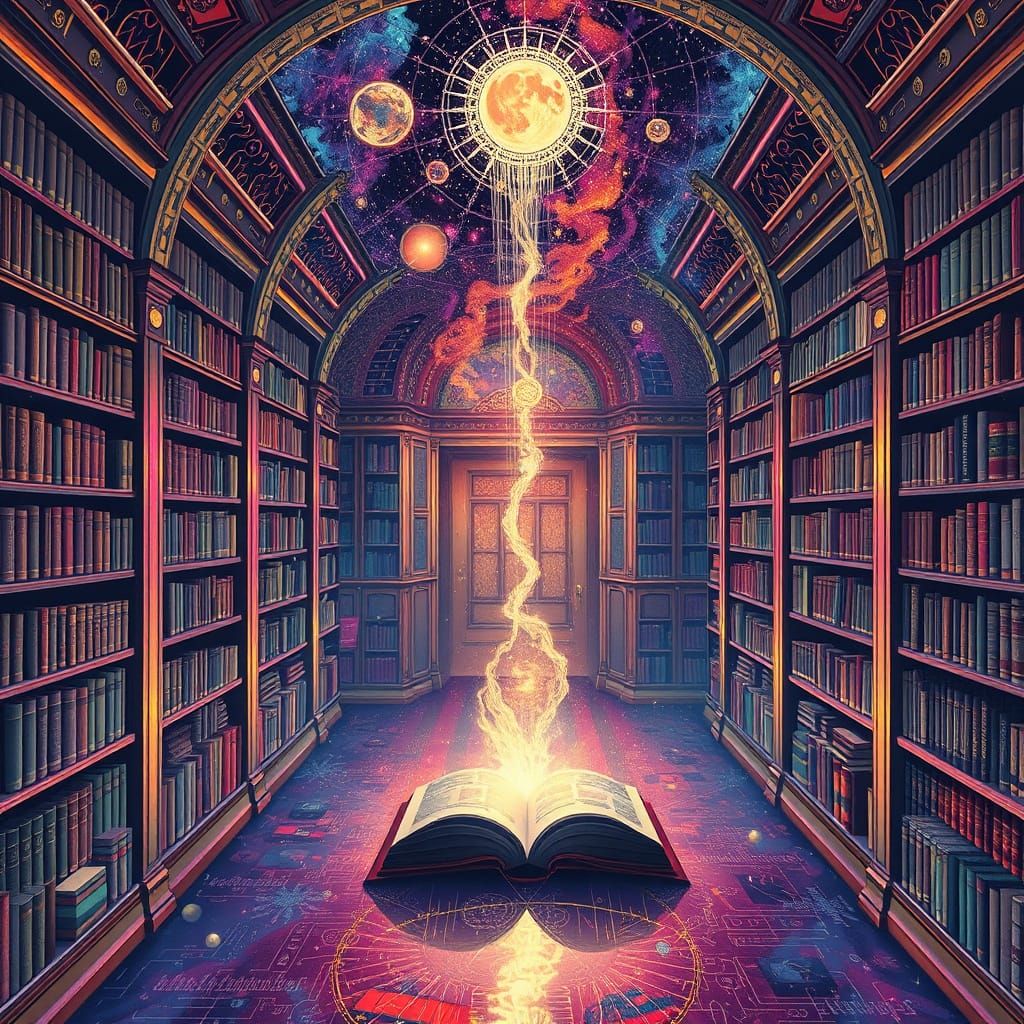 Cosmic Library in Vibrant Holographic Aesthetic