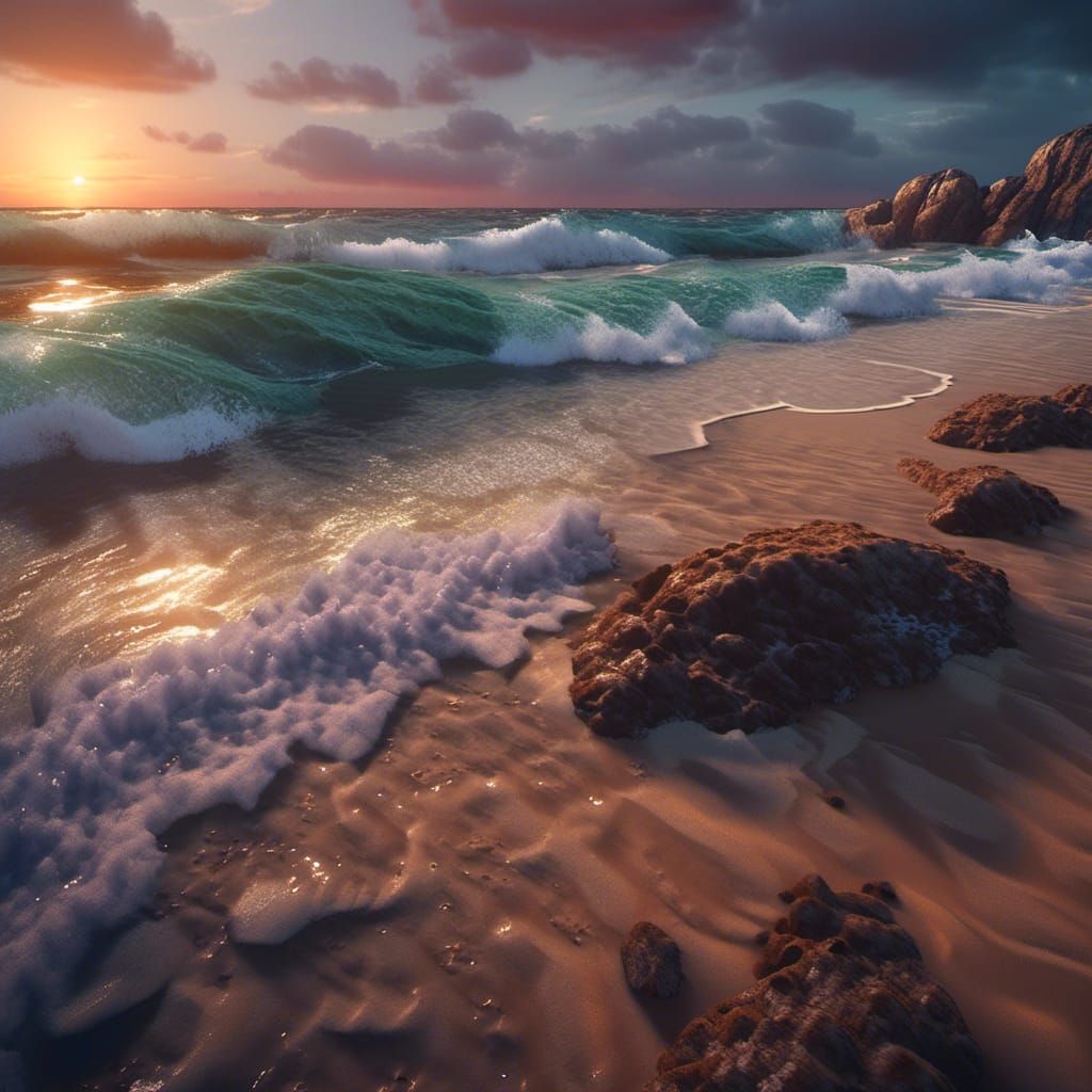 Sunset Beach with Waves: Detailed Fantasy Concept Art