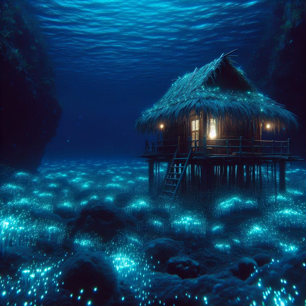 Underwater Boho Hut in Bioluminescent Ocean
