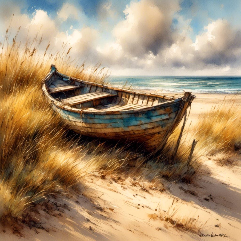 Coastal Boat in Impressionist Style Under Soft Light