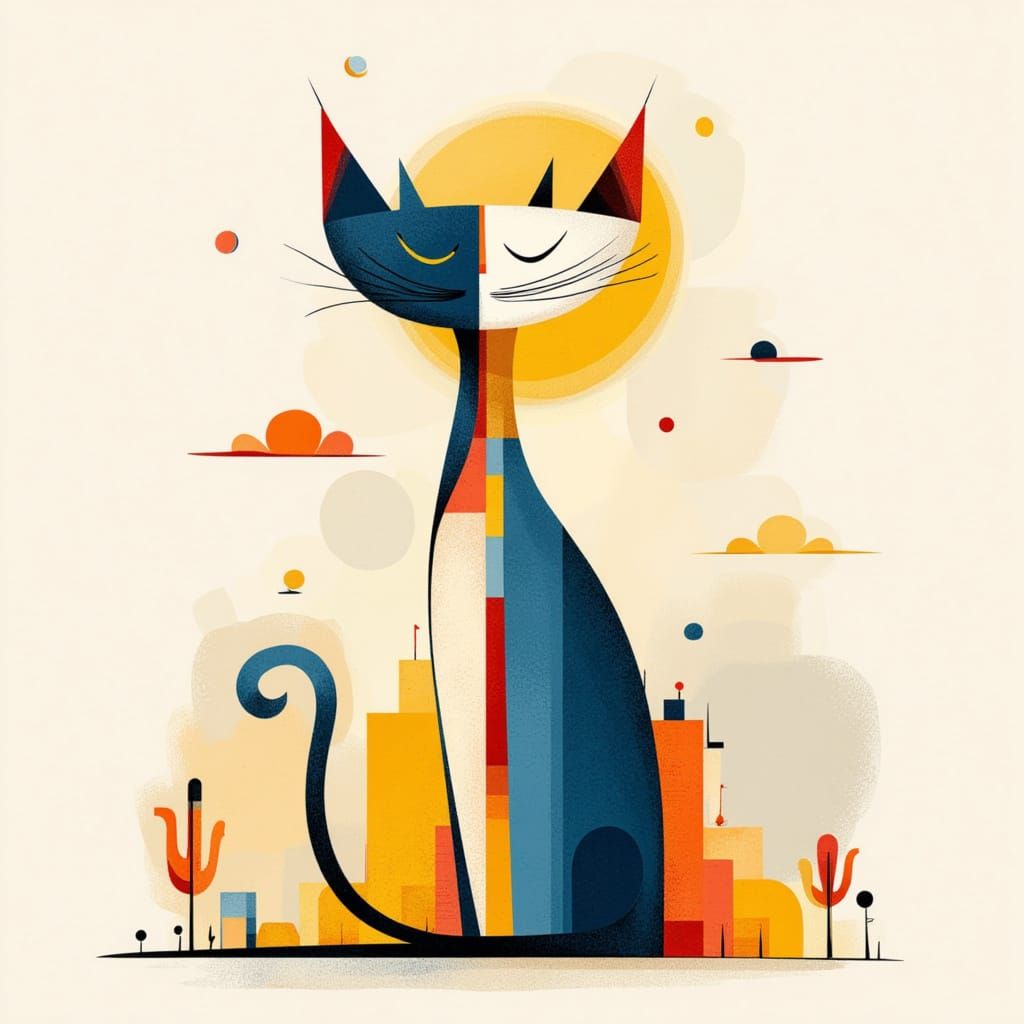 Whimsical Folk Art Cat Painting in Warm Tones