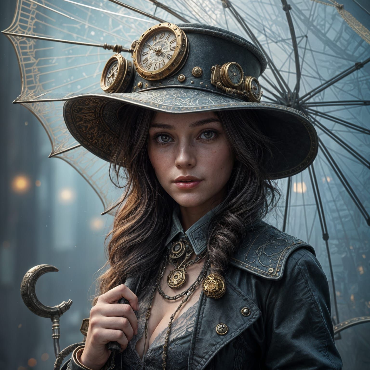 Steampunk Lady with Clockwork Hat: Detailed Portrait