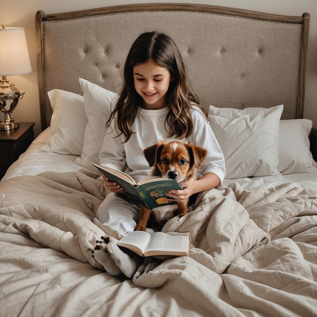 Girl Teaches Dog to Read in Bed