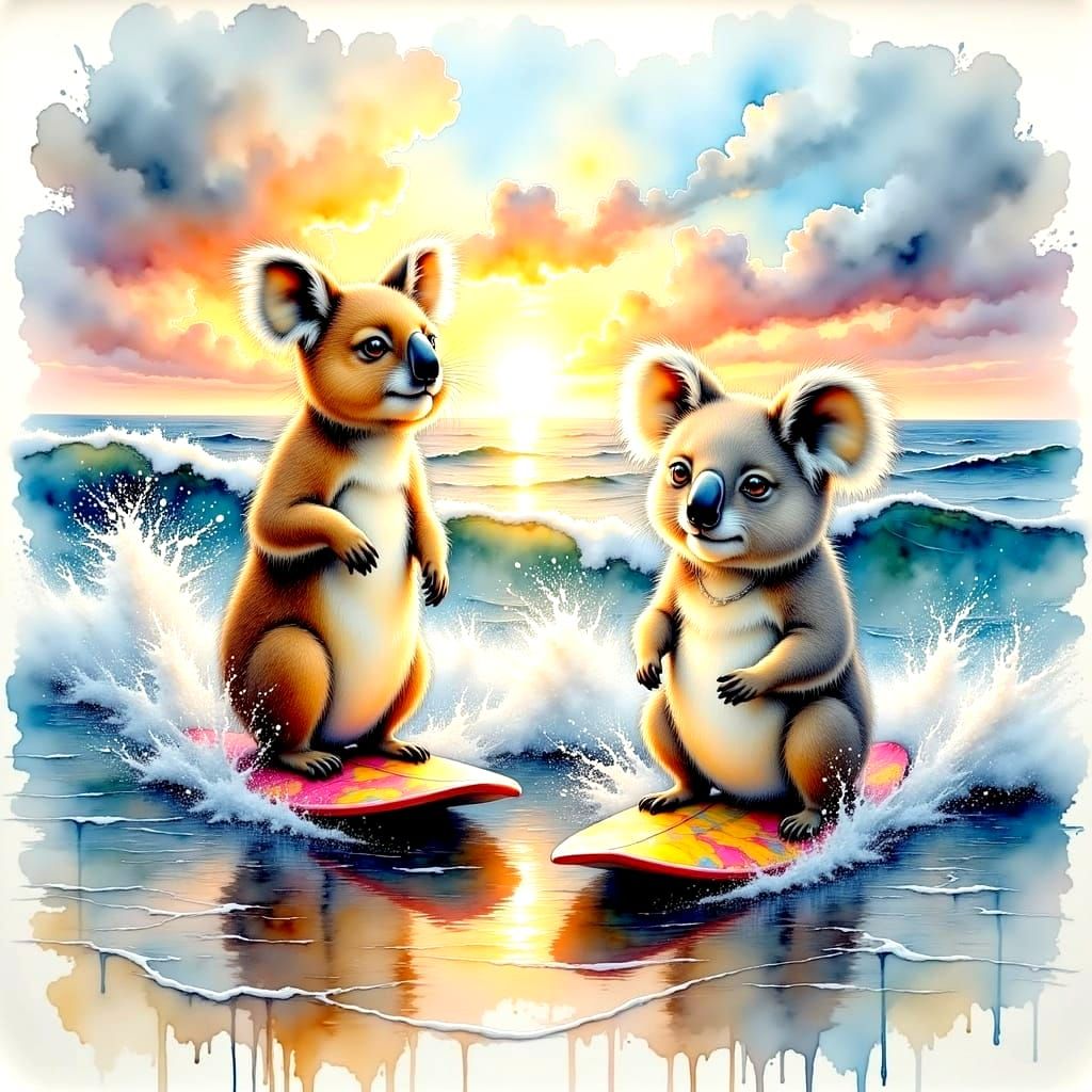 Quokkas and Koalas Surfing on Vibrant Surfboards in a Tropic...