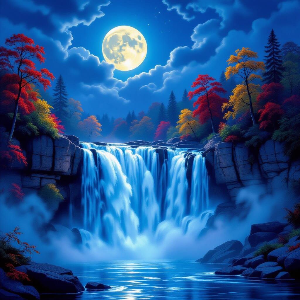 Glowing Waterfall Under Full Moon in Autumn