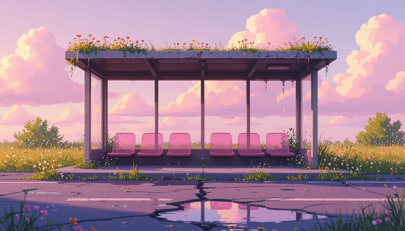 Dreamy Liminal Bus Stop in Pastel Colors