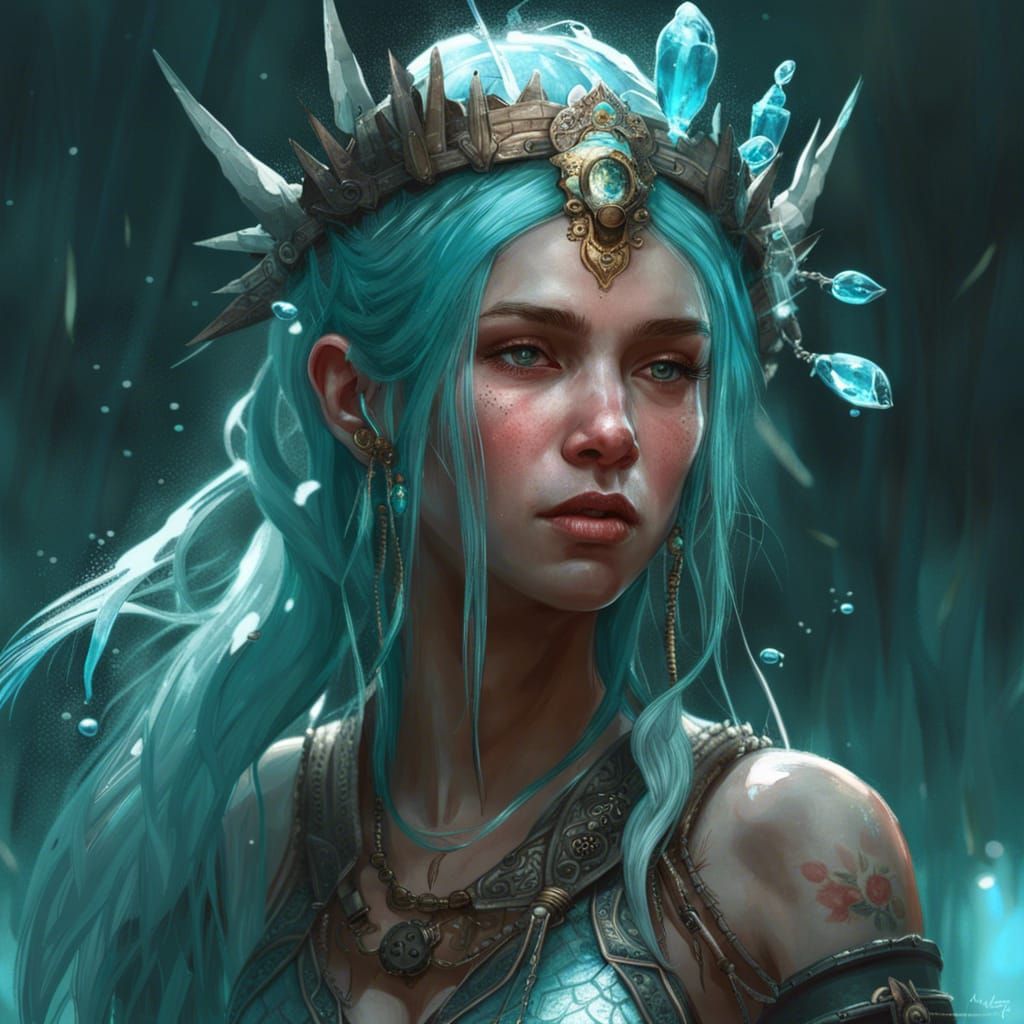 Aquamarine Haired Elf Warrior Princess Portrait