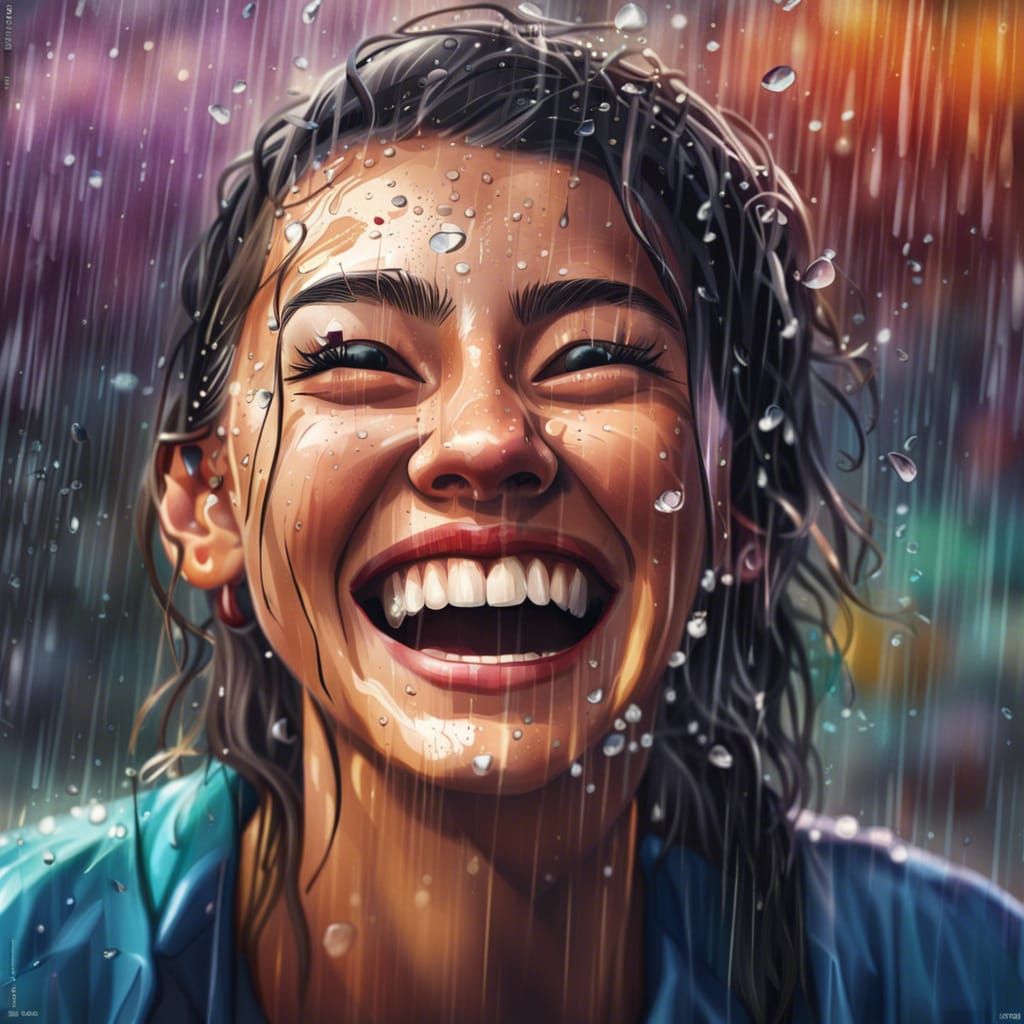 Laughing Woman Soaked in Rain: Hyperrealistic Splash Art