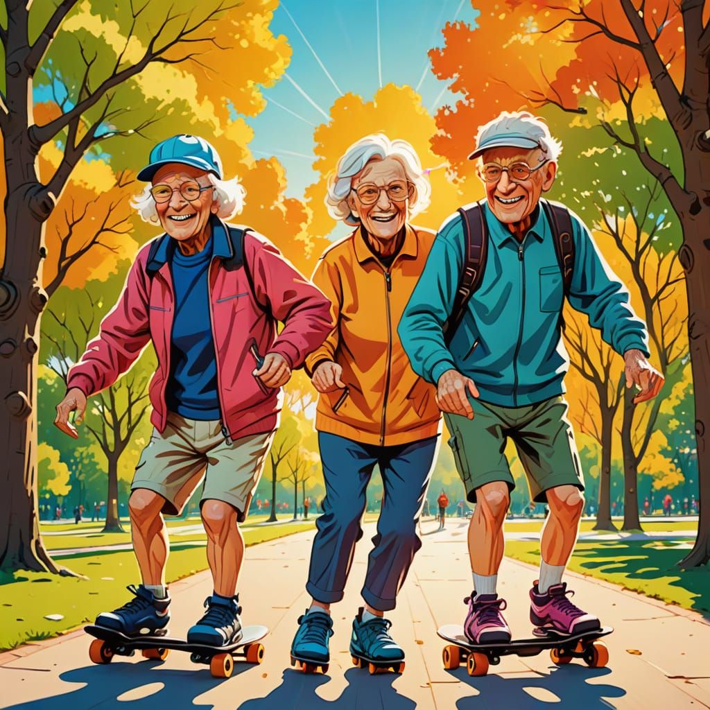 Comedic Caricature of Elderly Rollerbladers in Park